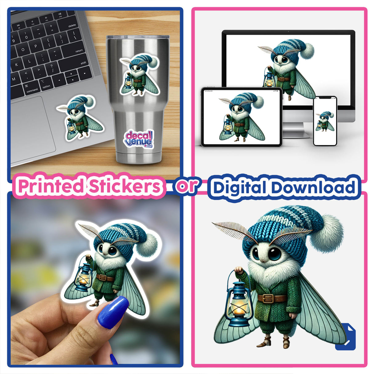 Moth Gnome with Lantern stickers displayed on a laptop and cup, shown in various sizes and used in DIY projects.