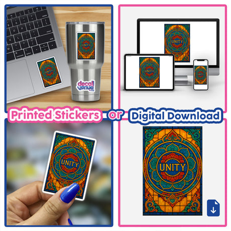Unity Tibetan Thangka Stained Glass Sticker or Clipart with Commercial Rights, showcasing intricate spiritual motifs. Available as a sticker or digital artwork, reflecting Decal Venue's unique vinyl art collection.