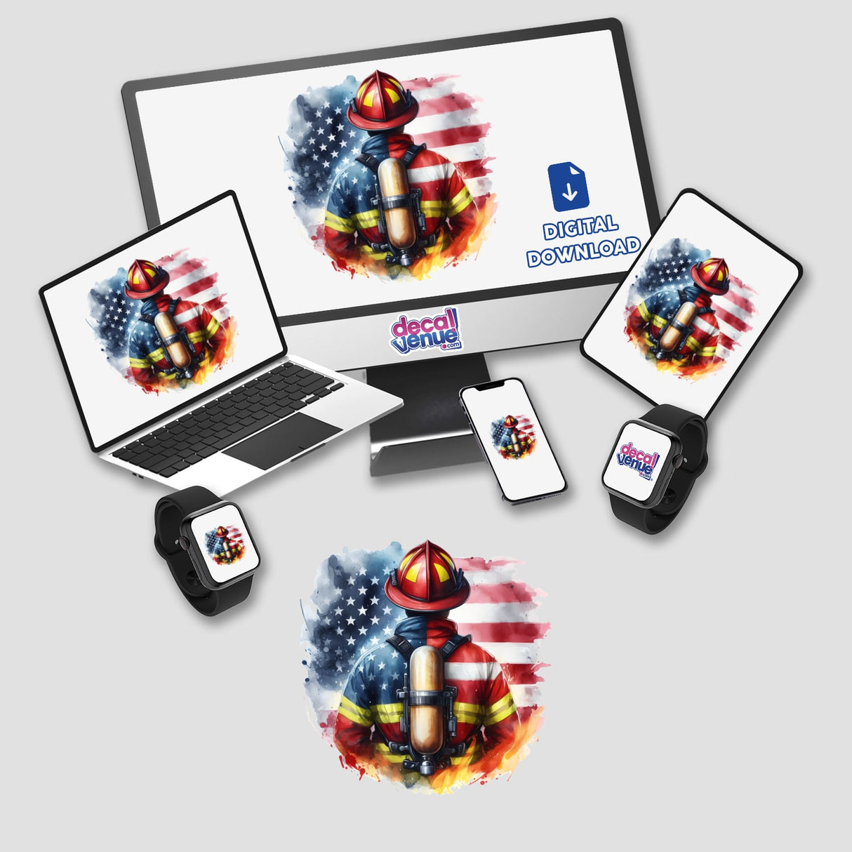 Firefighter Etched Into American Flag II displayed on a computer monitor and laptop, showcasing a fireman theme as part of Decal Venue's unique vinyl stickers and digital artwork collection.