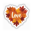 Heart-shaped arrangement of orange and yellow maple leaves, titled Fall Aesthetic Heart Clipart - Colorful Love Typography, available as stickers or digital artwork from Decal Venue.