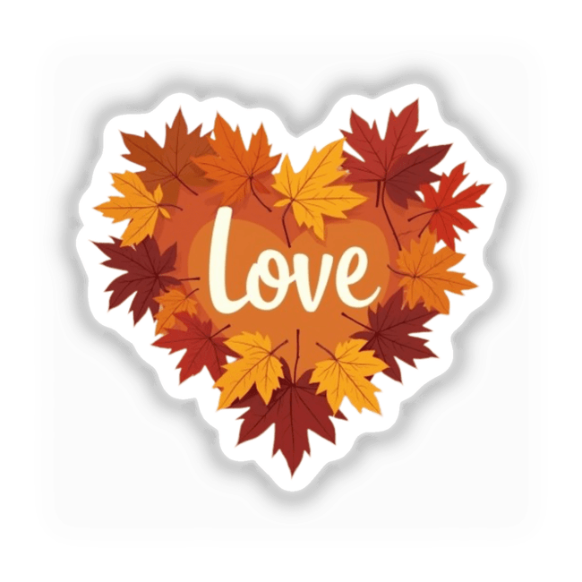 Heart-shaped arrangement of orange and yellow maple leaves, titled Fall Aesthetic Heart Clipart - Colorful Love Typography, available as stickers or digital artwork from Decal Venue.