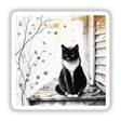 Cat on Autumn Porch Sumi-e Japanese Ink Wash depicted as a unique vinyl sticker or digital artwork, showcasing a serene cat in a traditional ink wash style, available from Decal Venue.