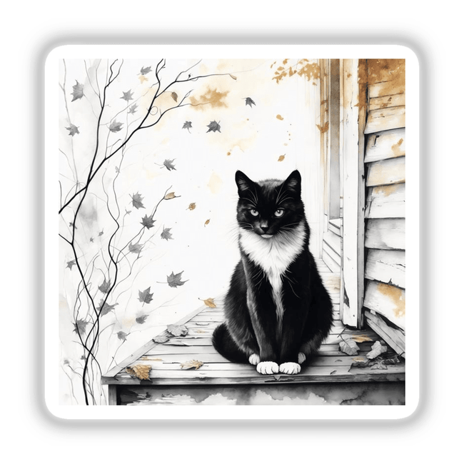 Cat on Autumn Porch Sumi-e Japanese Ink Wash depicted as a unique vinyl sticker or digital artwork, showcasing a serene cat in a traditional ink wash style, available from Decal Venue.