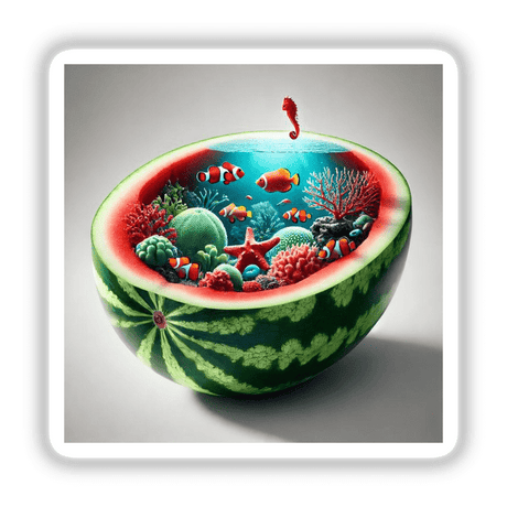 Aquatic Wonderland Coral Reef Inside a Watermelon: Digital artwork featuring fish and sea creatures inside a watermelon, available as stickers or digital download. Perfect for whimsical and vibrant decor.