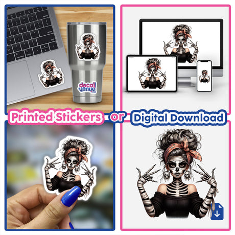 Collage featuring Skeleton Zombie Mama Victory Sign as stickers or digital art, depicting a skeleton woman with painted face, showcased on various items like laptops and cups.