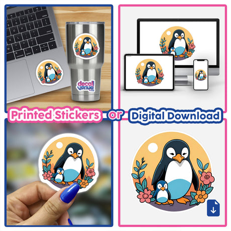 Cute Penguin Family - Vibrant digital artwork featuring a family of adorable penguins surrounded by floral elements, available as printed stickers or digital download.