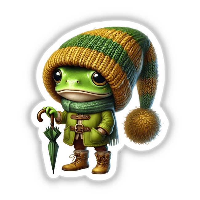 Cartoon Frog Gnome with Umbrella wearing a hat and boots, available as stickers or digital artwork from Decal Venue.