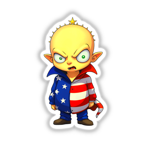 A Funny Guy With An American Flag Outfit cartoon character, featuring a boy with big eyes and stars, available as vinyl stickers or digital artwork from Decal Venue.