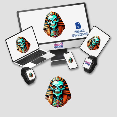 A Cool Egyptian Pharaoh Skull displayed on a computer screen and laptop, featuring a cartoon skeleton in Egyptian attire. Available as stickers or digital artwork from Decal Venue.