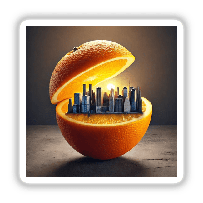 Urban Citrus City Skyline Inside an Orange: An orange with a detailed city skyline seamlessly integrated within, available as unique stickers or digital artwork from Decal Venue.