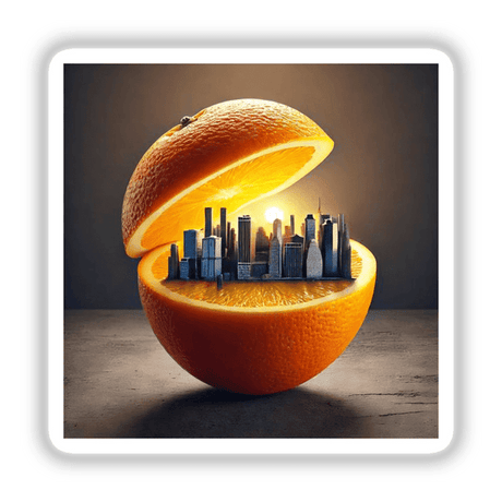 Urban Citrus City Skyline Inside an Orange: An orange with a detailed city skyline seamlessly integrated within, available as unique stickers or digital artwork from Decal Venue.