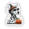 Halloween Dalmatian Dog Pumpkin Splatter: A Dalmatian wearing a hat with pumpkins, next to a carved pumpkin. Available as stickers or digital artwork.