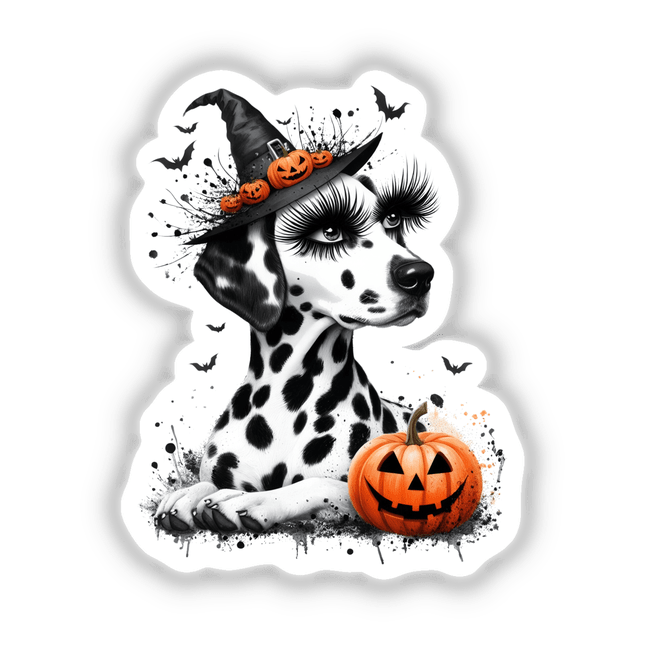 Halloween Dalmatian Dog Pumpkin Splatter: A Dalmatian wearing a hat with pumpkins, next to a carved pumpkin. Available as stickers or digital artwork.
