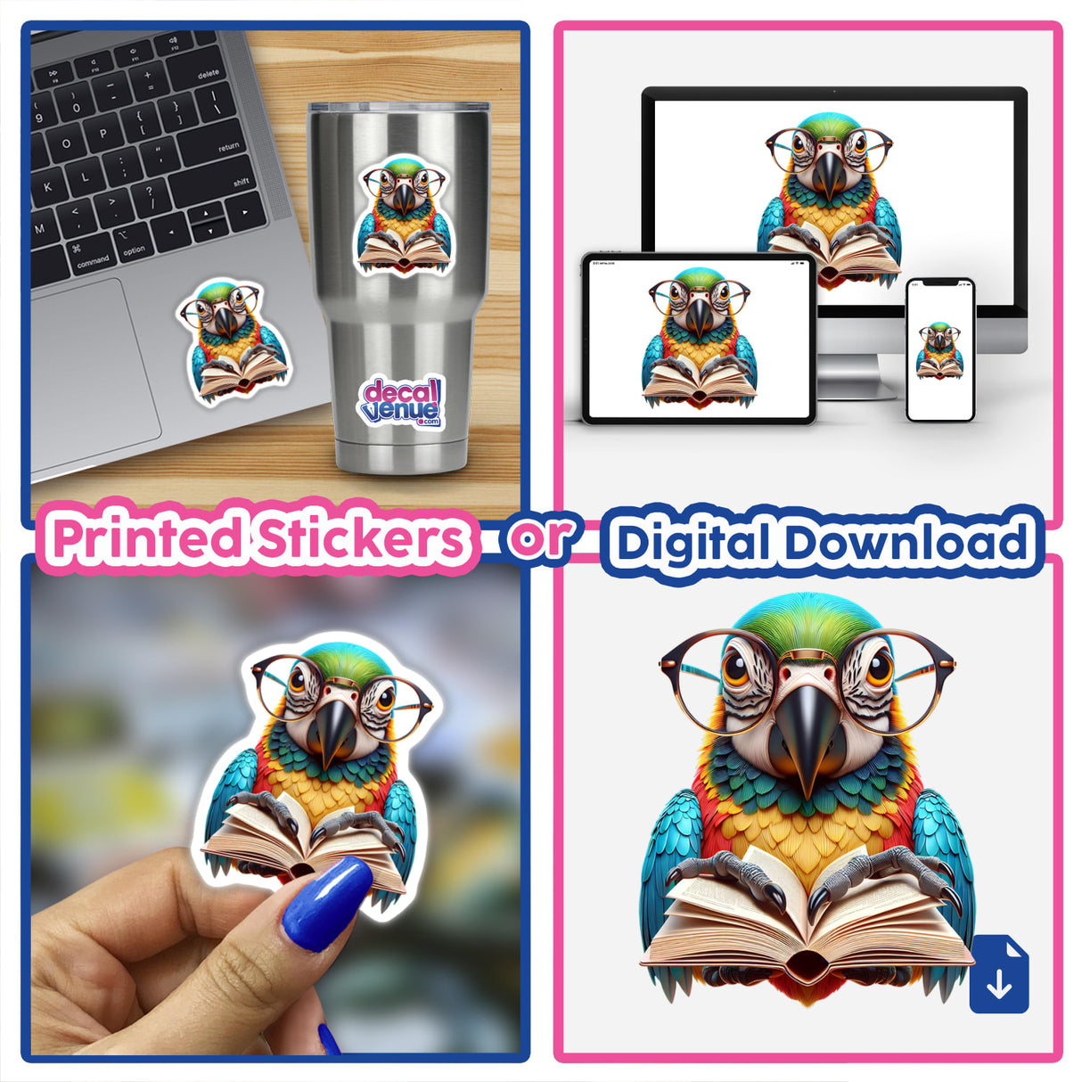 Parrot With Reading Glasses Open Book sticker on a laptop, featuring a cartoon parrot engrossed in a book. Available as unique vinyl stickers or digital artwork at Decal Venue.