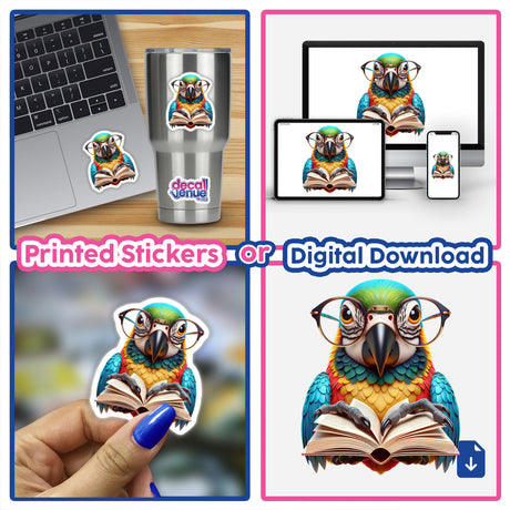 Parrot With Reading Glasses Open Book sticker on a laptop, featuring a cartoon parrot engrossed in a book. Available as unique vinyl stickers or digital artwork at Decal Venue.