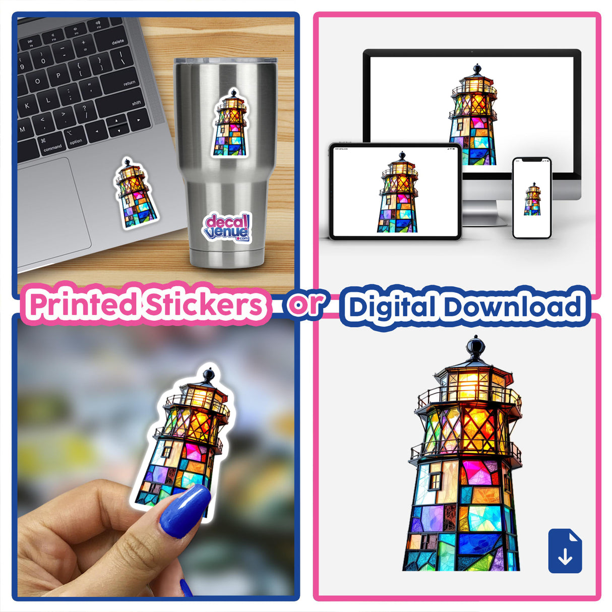 Lighthouse Stained Glass Style sticker collage featuring a whimsical lighthouse design. Displayed on a cup, laptop, and held in a hand, showcasing its versatile application.