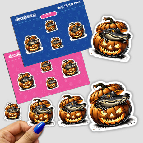 Pumpkin-shaped stickers with an alligator peeking out, featuring Halloween designs from Decal Venue's digital artwork collection