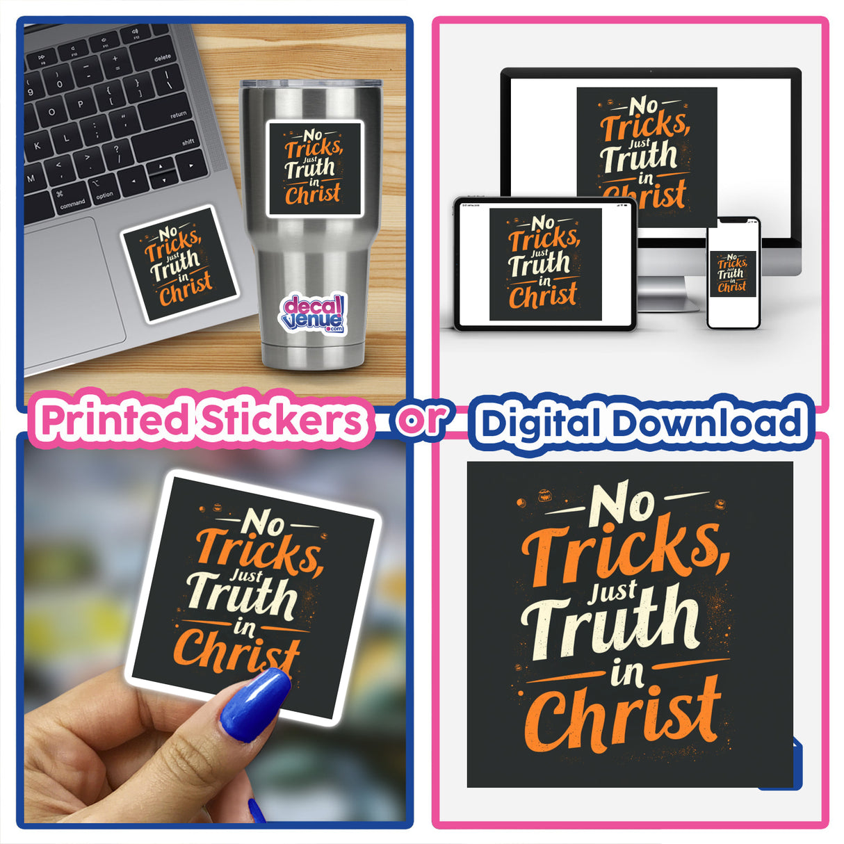 Collage featuring No Tricks, Just Truth in Christ Sticker & Clipart, showcasing Christian Anti-Halloween designs on laptops and electronic devices, embodying Decal Venue's unique sticker and digital art offerings.