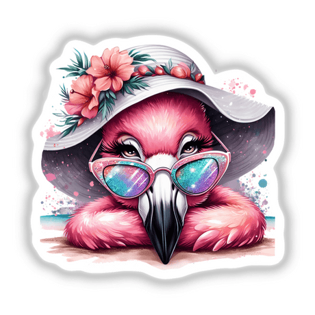 Beach Flamingo Getting her Tan On: Illustration of a pink flamingo wearing sunglasses and a hat, available as stickers or digital artwork from Decal Venue.
