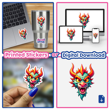 Collage featuring A Cool Fantasy Dragon sticker on a laptop and cup, highlighting the product's versatility. The design includes a cartoon dragon head, available as a sticker or digital artwork.