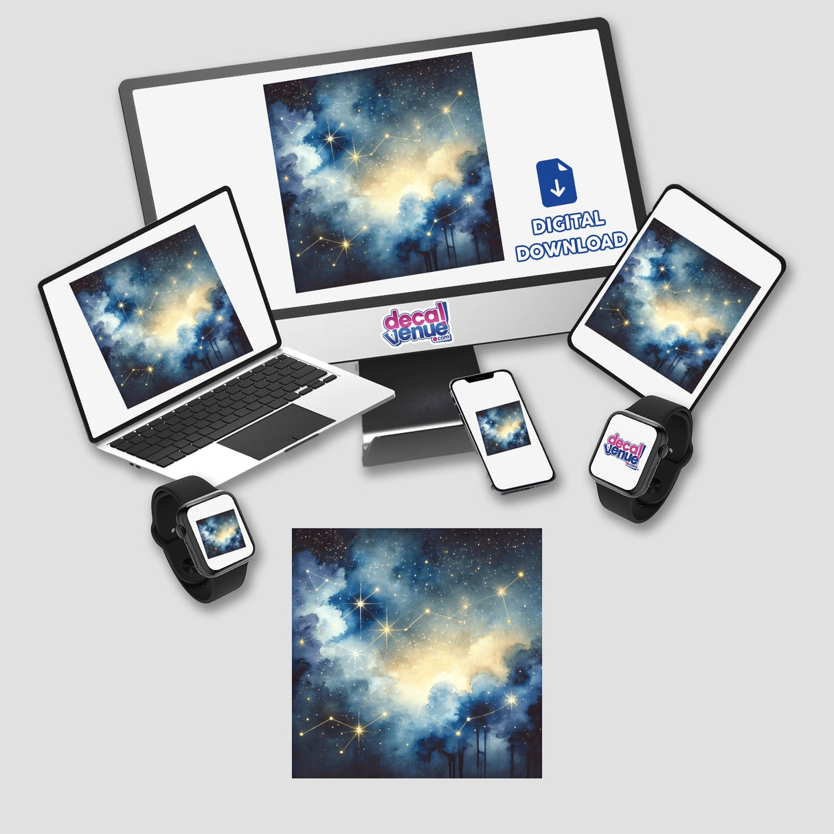 Celestial Night - Watercolor Constellations in a Starry Sky displayed on a computer monitor, laptop, tablet, and phone, available as stickers or digital artwork.