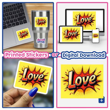 Collage featuring two laptops with Love Valentine's Day stickers, highlighting a finger pointing and a hand holding a card, emphasizing unique sticker designs available at Decal Venue.