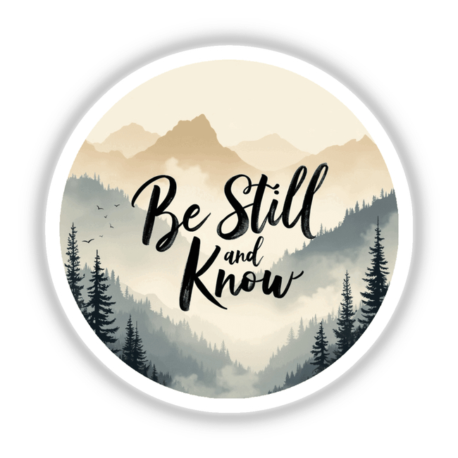 Be Still and Know Sticker & Clipart featuring a round white circle with trees and mountains, showcasing the inspirational Bible verse Psalm 46:10 in black text.