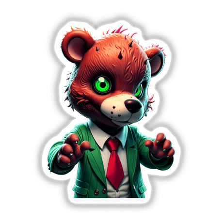 A Macabre Scary Bear cartoon character in a suit and tie, available as stickers or digital artwork from Decal Venue, showcasing unique vinyl stickers and digital art.