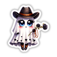 Cute Halloween Ghost with Cowboy Hat, featuring a cartoon ghost with a cowboy hat and a black rose. Available as stickers or digital artwork from Decal Venue.