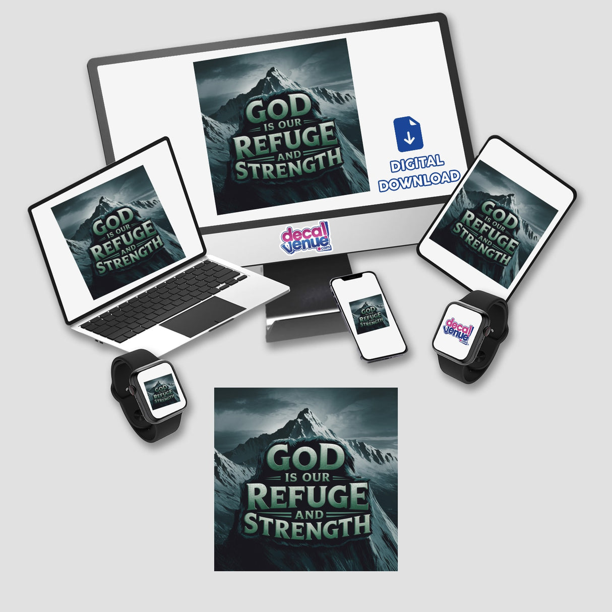 God is Our Refuge and Strength sticker and clipart featuring a computer monitor, laptop, and smart devices displaying the Psalm 46:1 Bible verse, ideal for Christian-themed digital art or stickers.