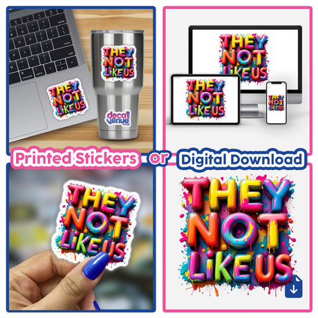 Collage showcasing 'Paint Splash They Not Like Us' by DecalVenue: vibrant alphabet stickers and digital art for creative DIY projects and colorful t-shirt designs.