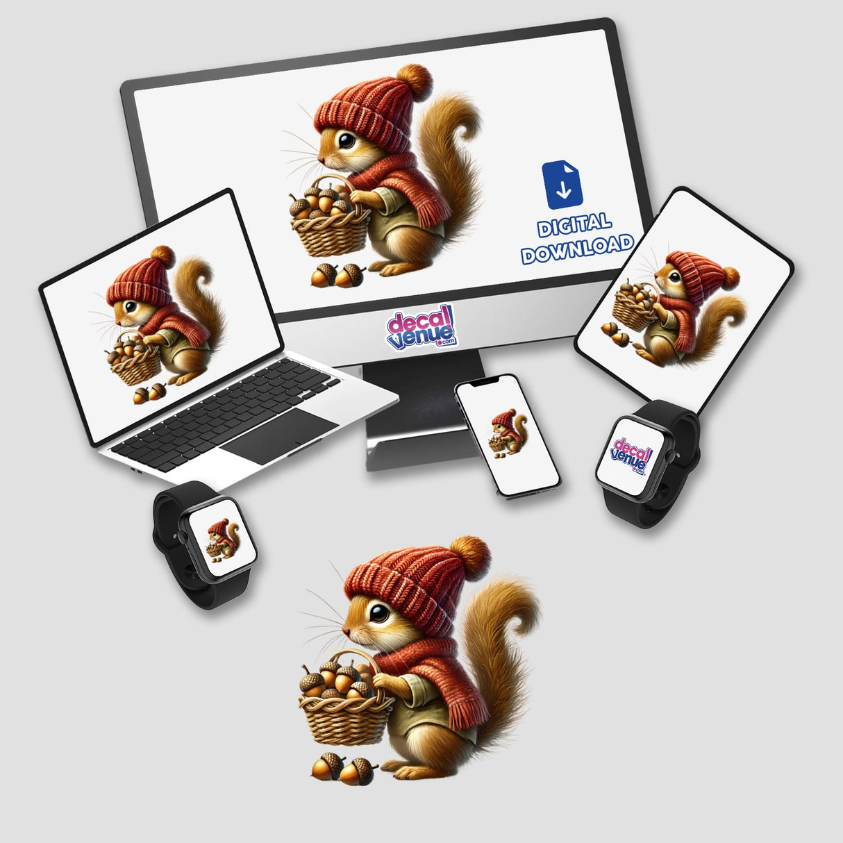 Squirrel Gnome with Acorn Basket sticker on a laptop and monitor, perfect for DIY crafts or holiday projects by DecalVenue.