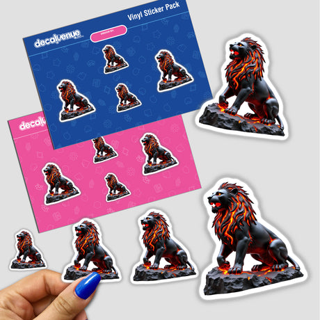 Molten Lava Lion Statue sticker featuring a cartoon-style lion with flames and lava designs. Perfect for fans of unique stickers and digital art from Decal Venue.