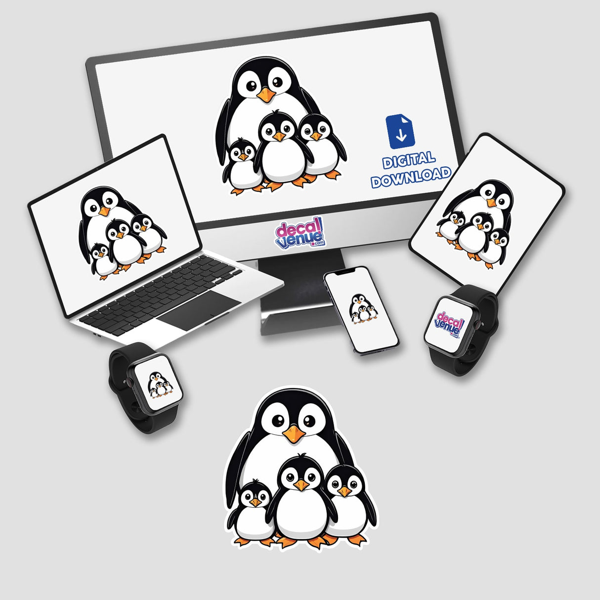 Adorable penguin family digital artwork displayed on various digital devices from the Decal Venue store, featuring a laptop, smartphone, tablet, and smartwatch.