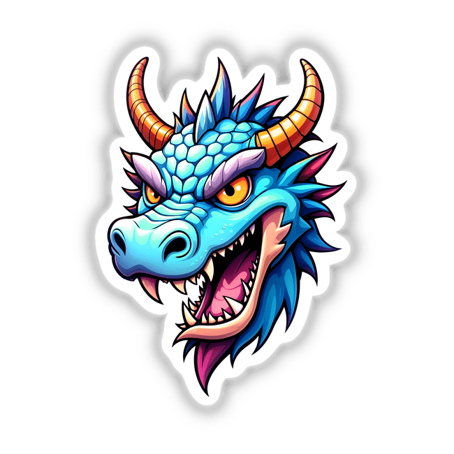A Cool Fantasy Dragon: Cartoon dragon head with orange horns, available as stickers or digital artwork from Decal Venue, highlighting unique vinyl stickers and digital art offerings.