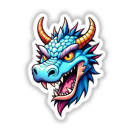 A Cool Fantasy Dragon: Cartoon dragon head with orange horns, available as stickers or digital artwork from Decal Venue, highlighting unique vinyl stickers and digital art offerings.