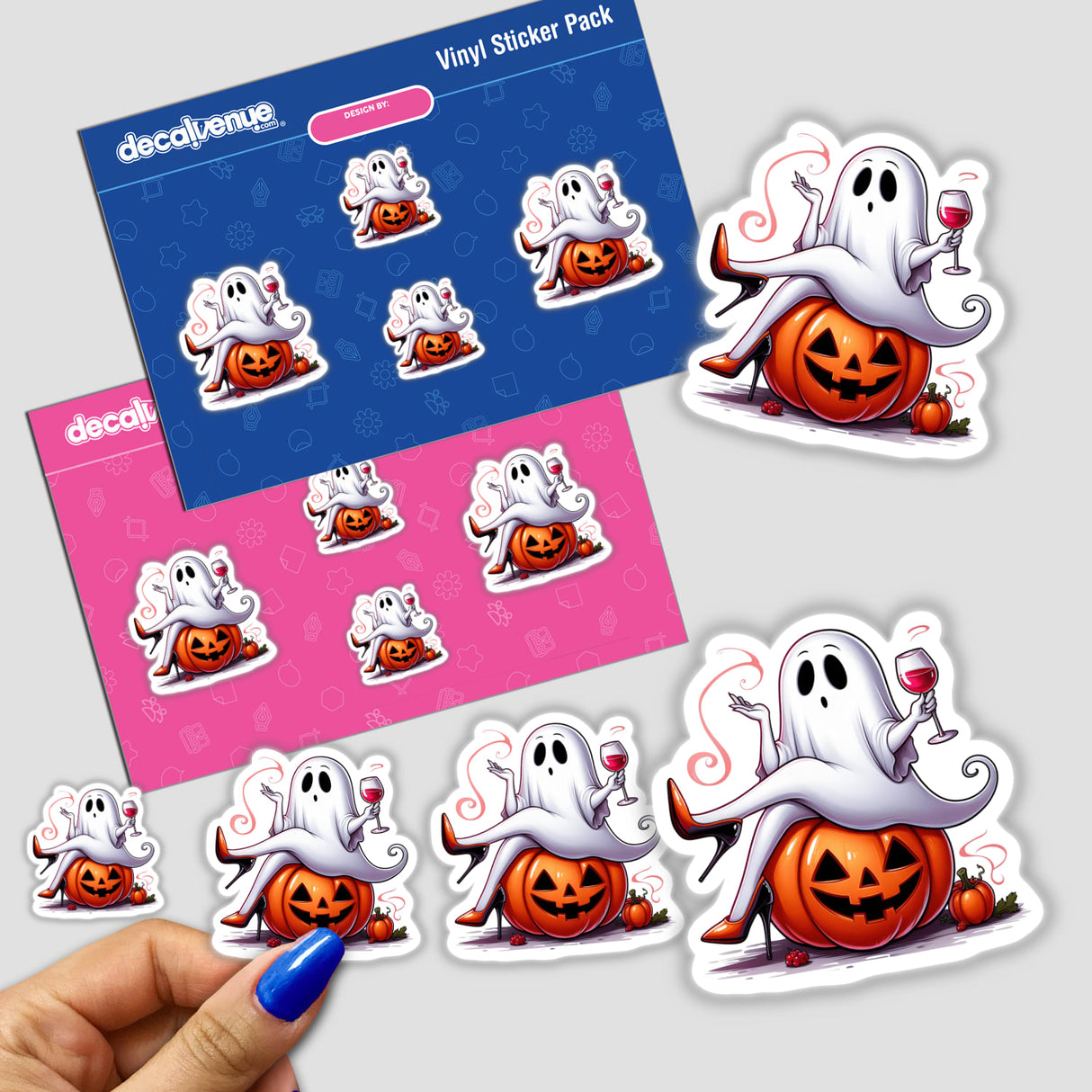 Sticker pack featuring 'Tipsy Wine Drinking Halloween Ghost Stiletto Lady,' showing a cartoon of a ghost sitting on a pumpkin, suitable as stickers or digital artwork.