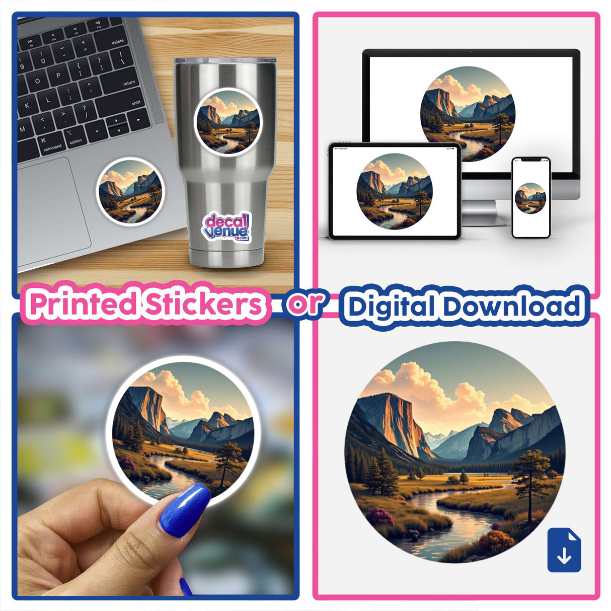Stunning Mountain Landscape Clipart featuring a collage of mountains and laptops, available as Stickers or Commercial Use Download.