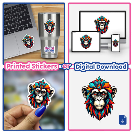 A Cool Monkey King sticker displayed on a laptop, showcasing a vibrant cartoon monkey with a crown, embodying Decal Venue's unique sticker and digital art offerings.