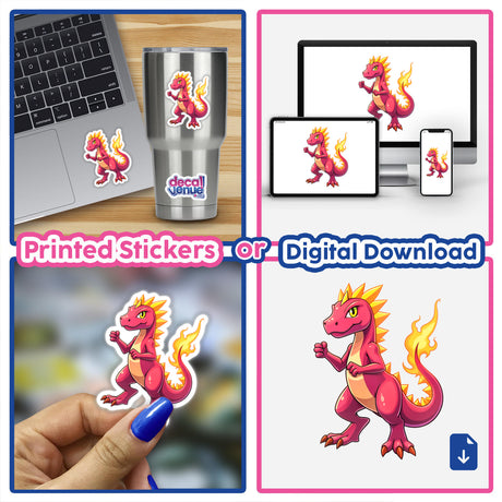 Dino Fighter - Blaze Tyranno stickers and digital artwork featuring a pink cartoon dragon collage, ideal for laptops and nails, highlighting Decal Venue's unique artistic style.