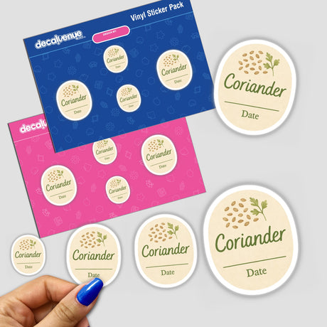 Coriander Spice Jar Label – Printable Summer Cottagecore Sticker showcases a watercolor coriander seed scatter with a green sprig on vintage cream, featuring a handwritten font and date line for home pantry organization.
