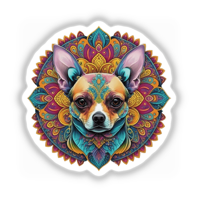 Colorful Chihuahua Mandala Clipart featuring a vibrant dog design, available as stickers or digital artwork.