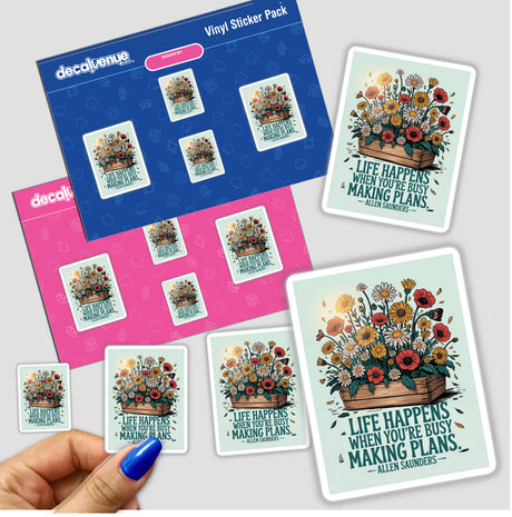 Life Happens Quote Sticker or Clipart featuring Allen Saunders Floral Design, shown as a sticker pack held in a hand, showcasing vibrant floral artwork. Available as stickers or digital artwork.