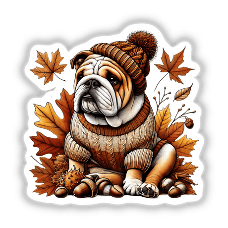 Autumn Bulldog in Cozy Sweater - Adorable digital art of a bulldog wearing a warm knitted sweater, surrounded by vibrant fall leaves and acorns, creating a cozy autumnal scene.