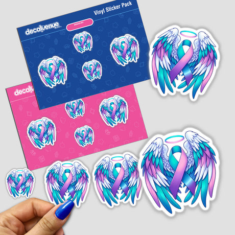 Suicide Awareness Ribbon with Wings sticker, featuring a ribbon with wings and a halo. Available as stickers or digital artwork, reflecting Decal Venue's unique vinyl sticker and digital art offerings.