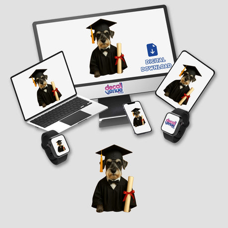 Graduation Schnauzer sticker or digital artwork: a schnauzer in a cap and gown, holding a diploma, featured on a laptop and smartwatch screens, embodying academic achievement.