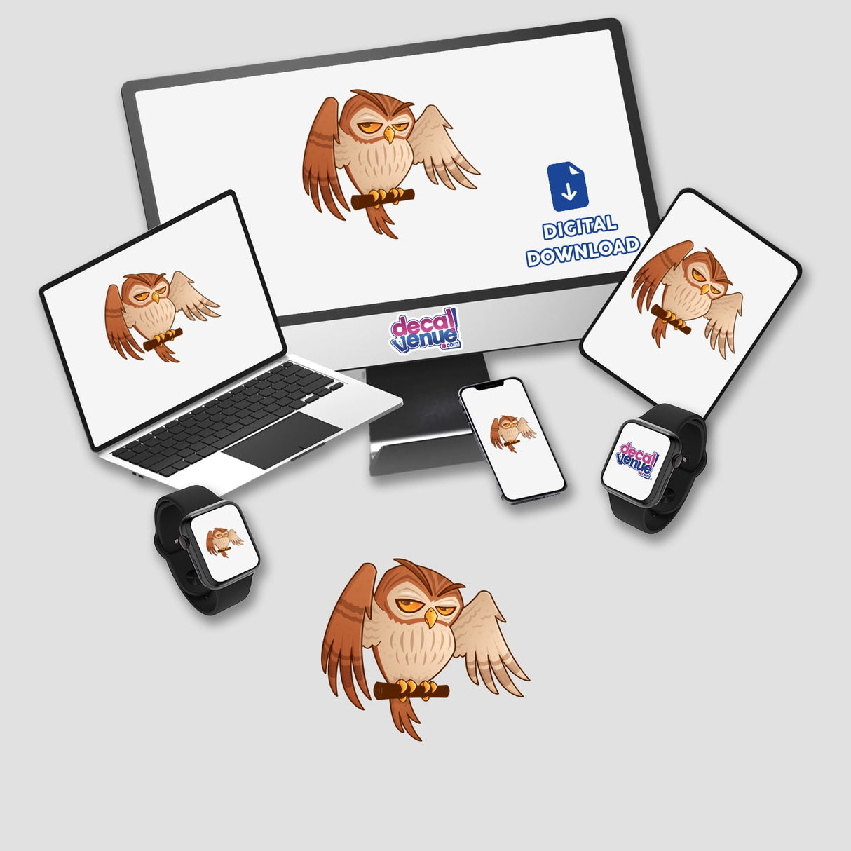 Mister Owley sticker pack featuring cartoon owls displayed on various digital screens, including a laptop and tablet. Ideal for tech lovers, this unique decal captures whimsical owl illustrations.