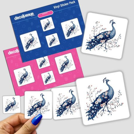 Chinoiserie Peacock sticker pack featuring intricate, floral-adorned peacocks. Available as stickers or digital artwork, perfect for embellishing stationery with elegant, artistic designs.