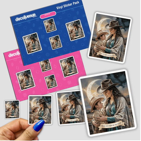 Boho Mystical Western Mother’s Day Sticker features a woman and boy in cowboy hats, emphasizing a maternal theme. Available as stickers or digital artwork, perfect for unique creations.