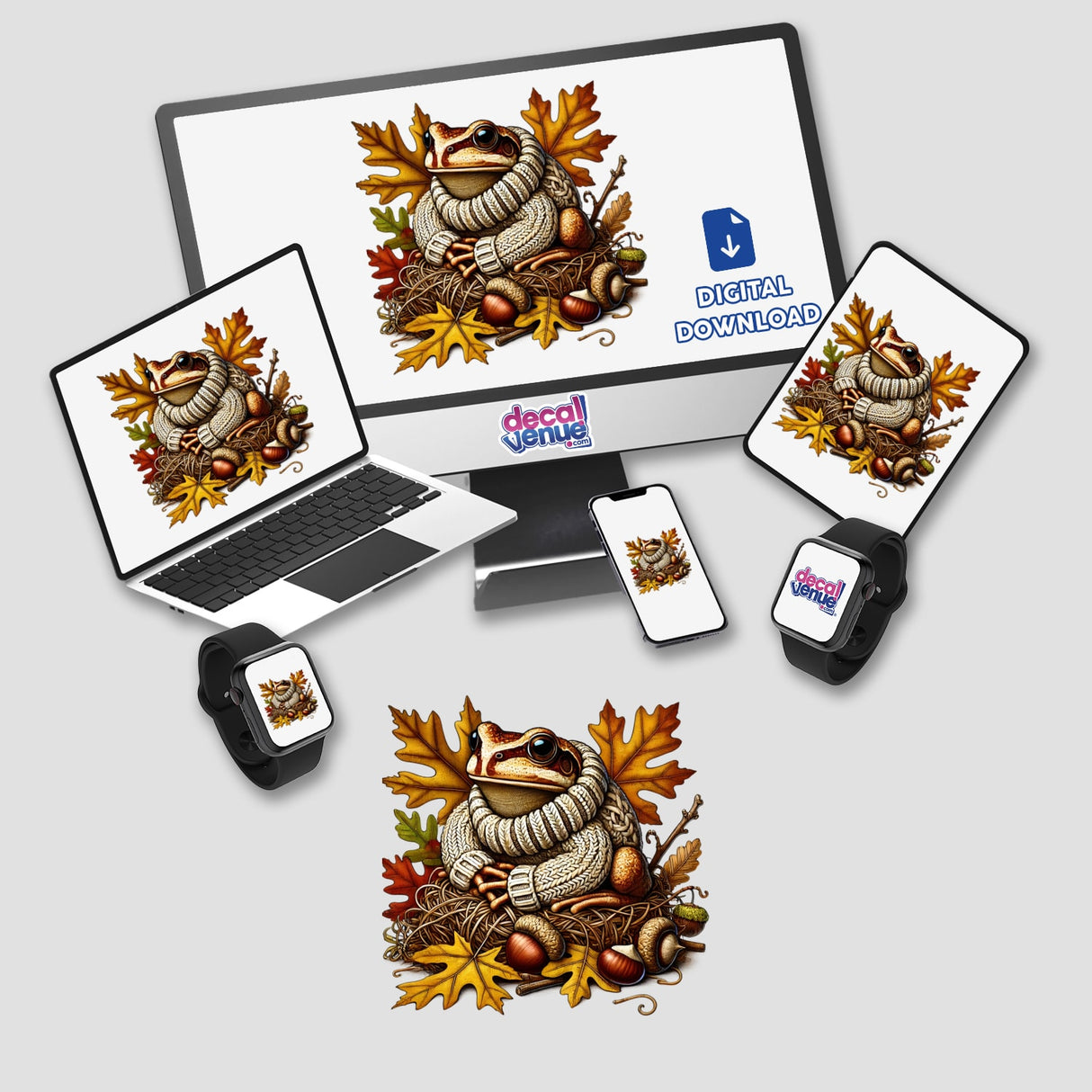 Autumn Frog in Cozy Sweater - Vibrant digital artwork featuring a frog wearing a warm sweater surrounded by colorful autumn leaves and pumpkins, displayed on various electronic devices.